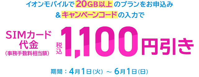 【こちらのページからお申込みの方】イオンモバイルで20GB以上のプランをお申込みなら、キャンペーンコードの入力でSIMカード代金(事務手数料相当額)が税込1,100円引き!