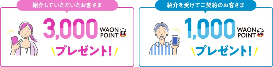 紹介していただいたお客さま 3,000WAON POINTプレゼント！紹介を受けてご契約のお客さま1,000WAON POINTプレゼント！