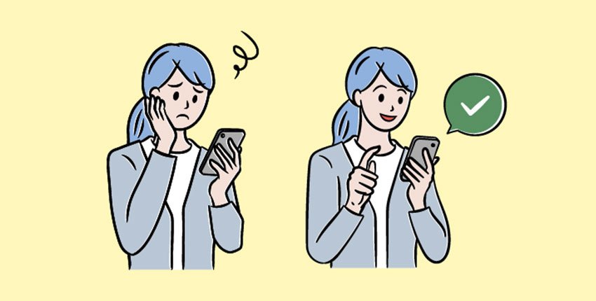 スマホ画像のPDF化に困った女性と、よくある質問をみて解決した女性