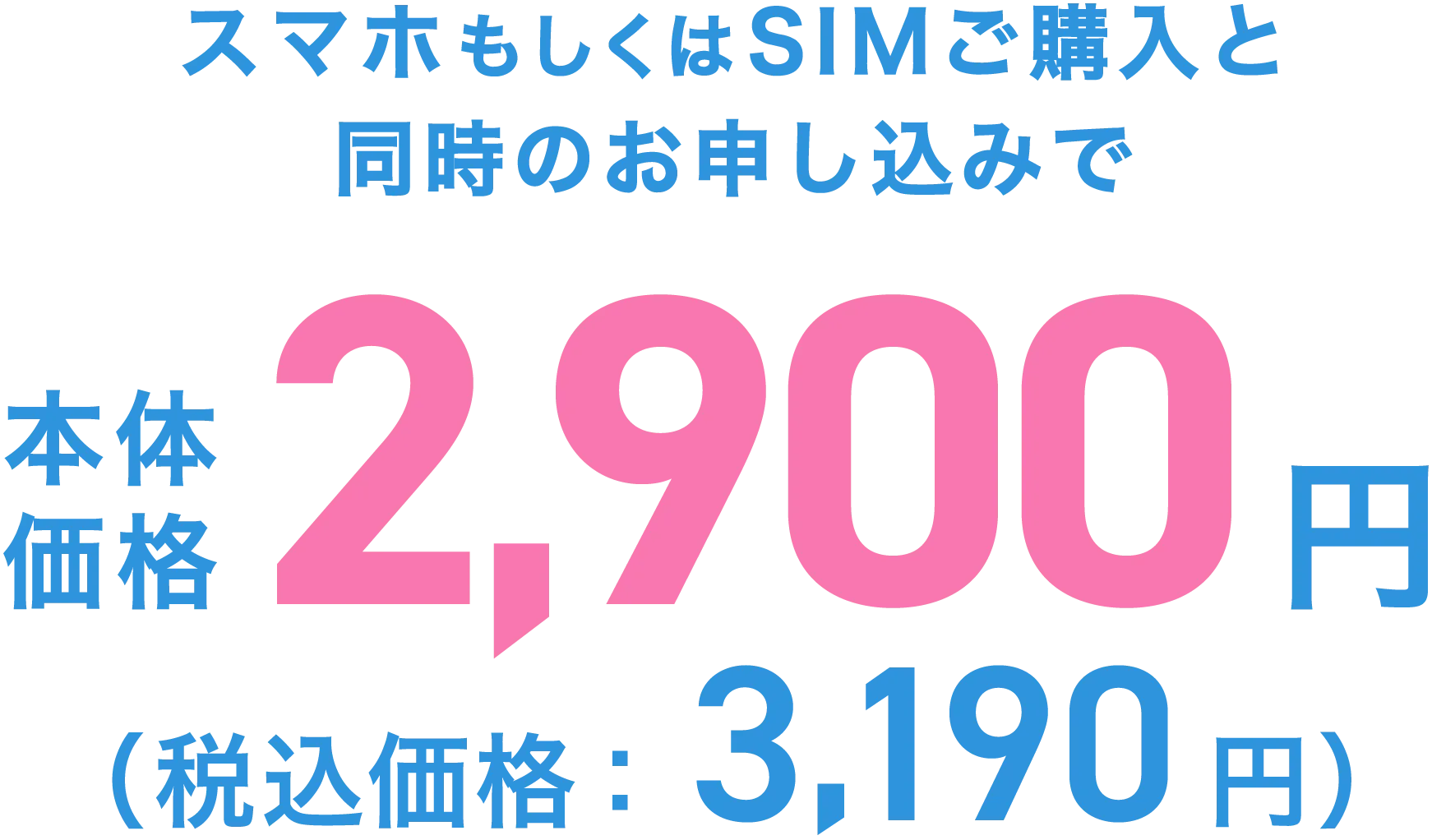 スマホもしくはSIMご購入と同時のお申し込みで、本体価格2,900円(税込価格3,190円)