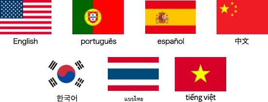 英語 ポルトガル語 スペイン語 中国語 韓国語 タイ語 ベトナム語
