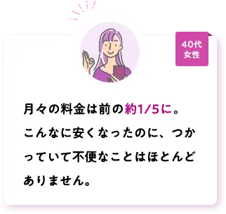 月々の料金は前の約1/5に。こんなに安くなったのに、つかっていて不便なことはほとんどありません。