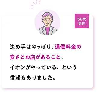 決め手はやっぱり、通信料金の安さとお店があること。イオンがやっている、という信頼もありました。