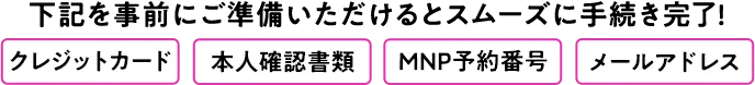下記を事前にご準備いただけるとスムーズに手続き完了! クレジットカード 本人確認書類 MNP予約番号 メールアドレス