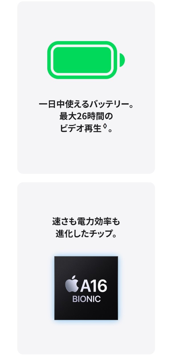 一日中使えるバッテリー。最大26時間のビデオ再生。速さも電力効率も進化したチップ。