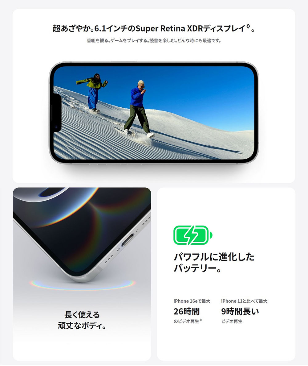 超あざやか。6.1インチのSuper Retina XDRディスプレイ。長く使える頑丈なボディ。パワフルに進化したバッテリー。