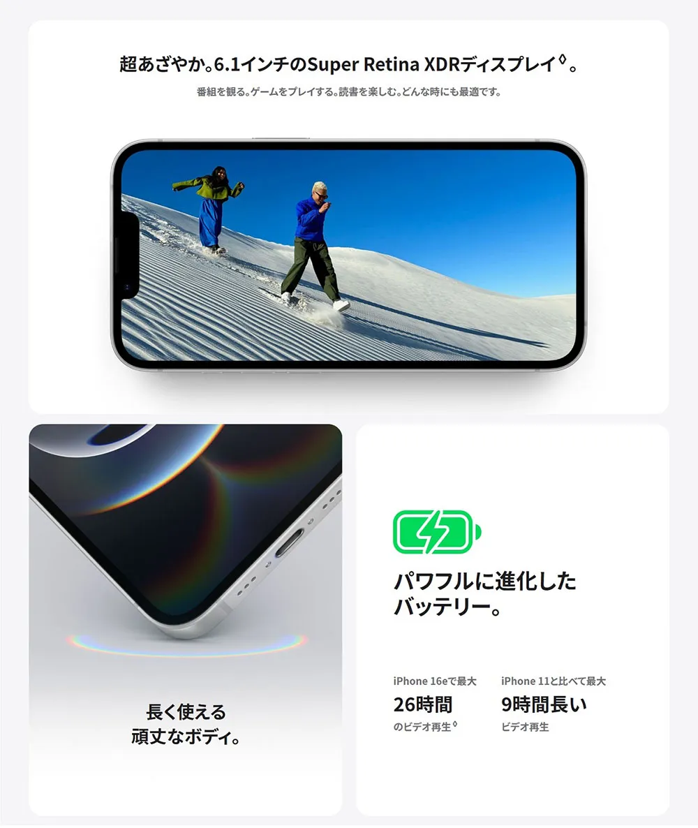 超あざやか。6.1インチのSuper Retina XDRディスプレイ。長く使える頑丈なボディ。パワフルに進化したバッテリー。