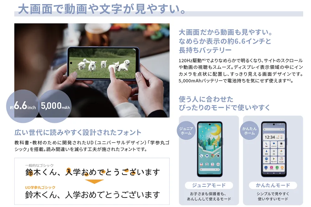 大画面で動画や文字が見やすい。