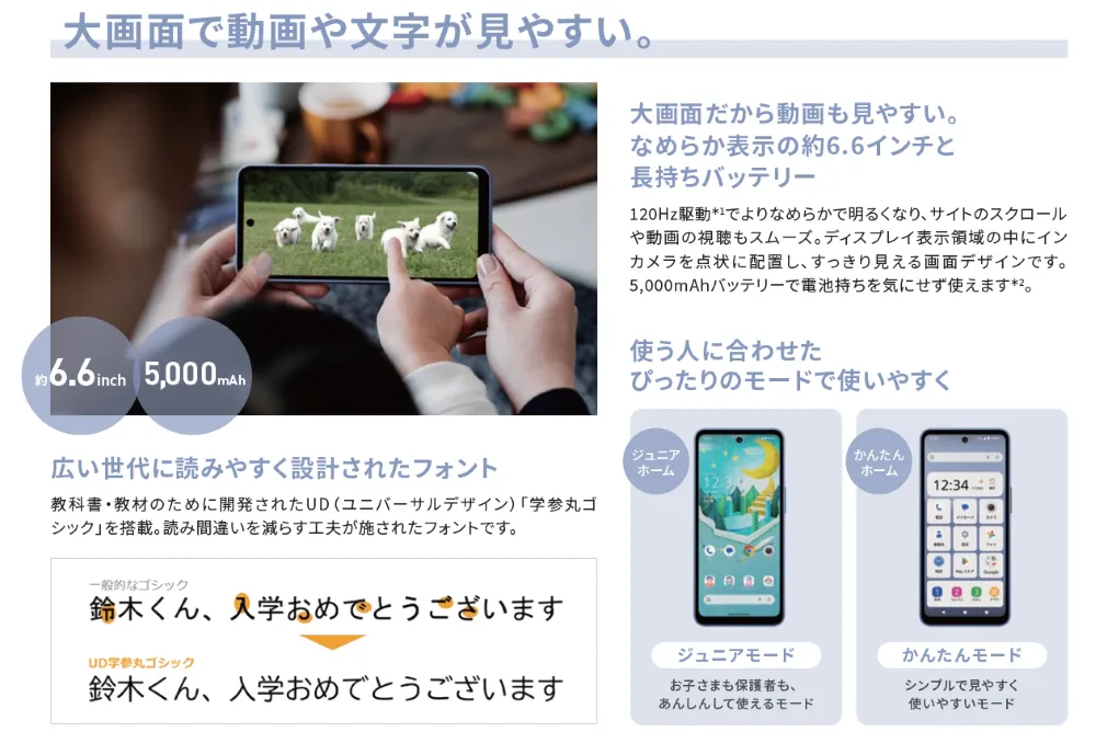 大画面で動画や文字が見やすい。