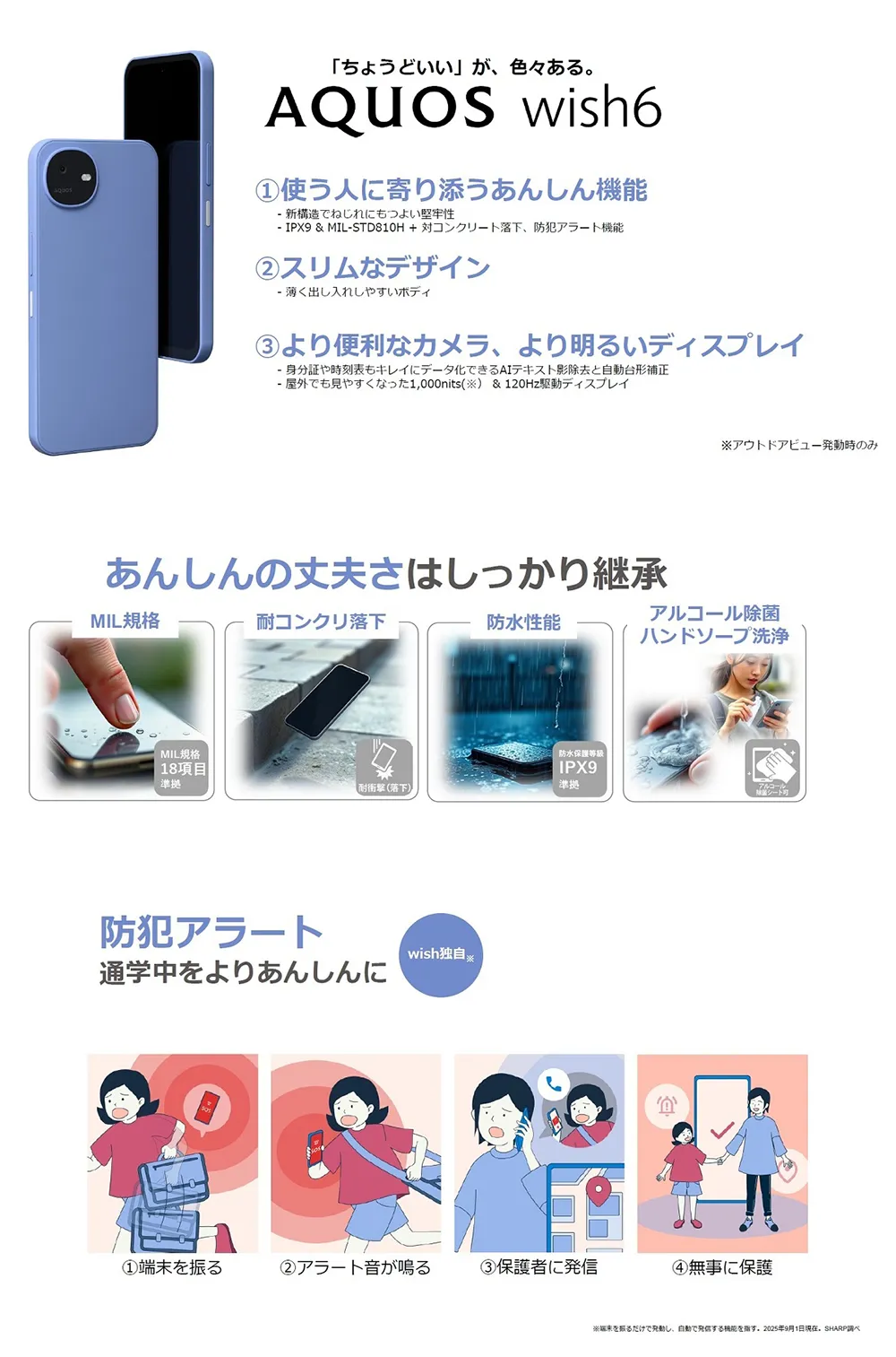 「ちょうどいい」が、色々ある。【AQUOS wish6】 ①使う人に寄り添うあんしん機能 ②スリムなデザイン ③より便利なカメラ、より明るいディスプレイ あんしんの丈夫さはしっかり継承。防犯アラート 通学中をよりあんしんに。