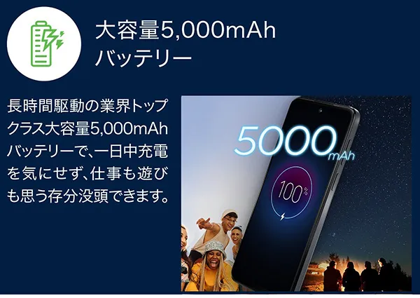 大容量5,000mAhバッテリー