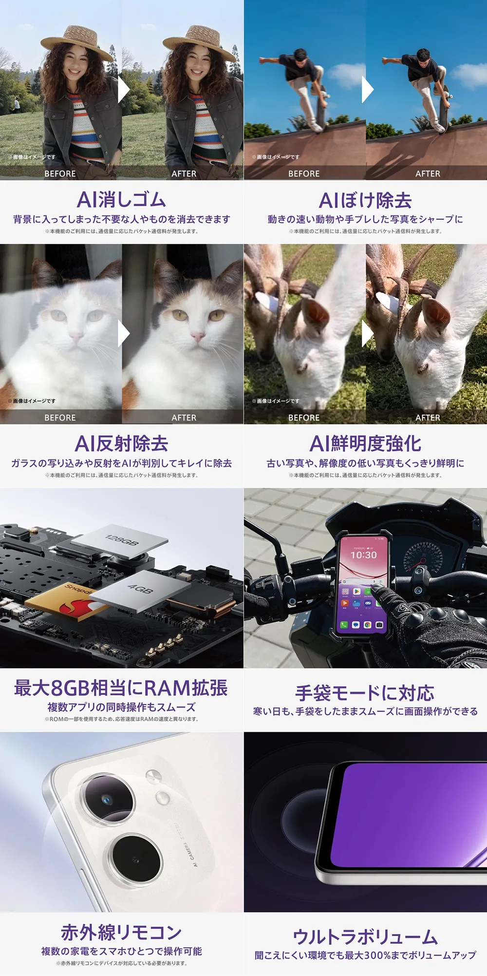 AI消しゴム。AIぼけ除去。AI反射除去。AI鮮明度強化。最大8GB相当にRAM拡張。手袋モードに対応。赤外線リモコン。ウルトラボリューム。