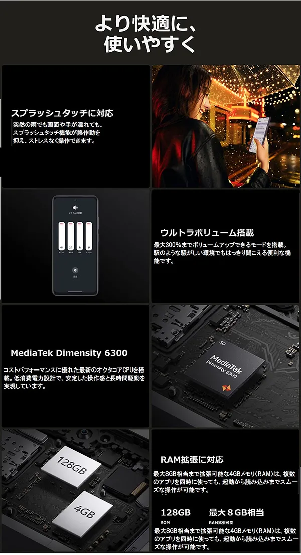 より快適に、使いやすく スプラッシュタッチに対応 ウルトラボリューム搭載 MediaTek Dimensity 6300 RAM拡張に対応