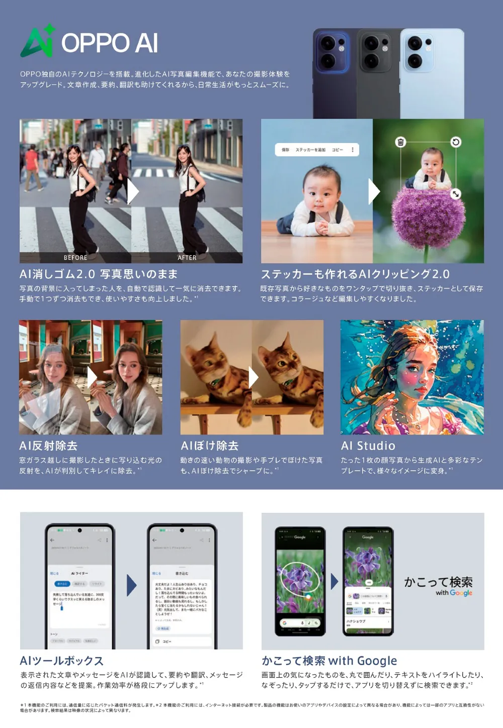 OPPO独自のAIテクノロジーを搭載。進化したAI写真編集機能で、あなたの撮影体験をアップグレード。文章作成、要約、翻訳も助けてくれるから、日常生活がもっとスムーズに。