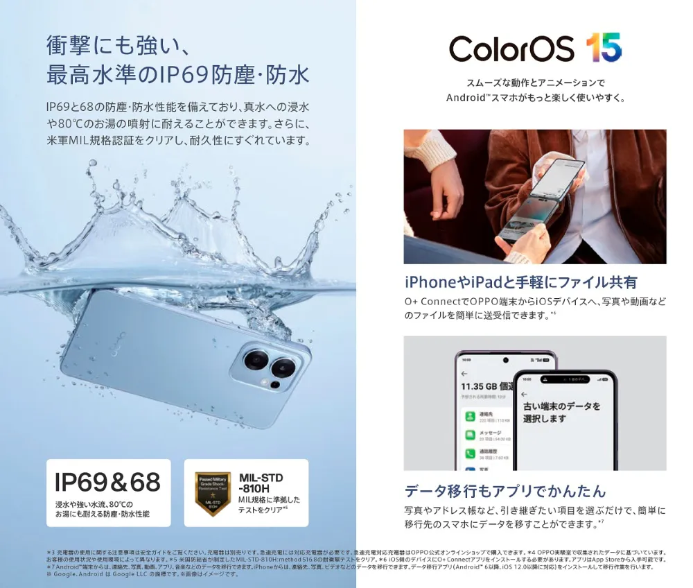 衝撃にも強い、最高水準のIP69防塵・防水。ColorOS 15 スムーズな動作とアニメーションでAndroid™スマホがもっと楽しく使いやすく。