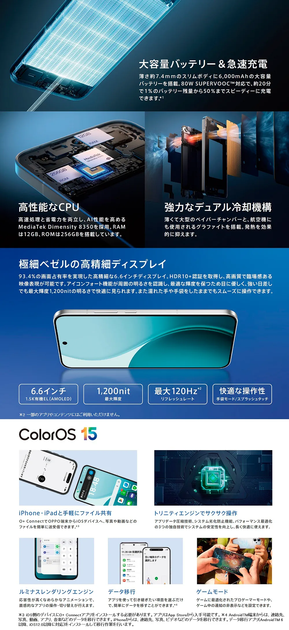 大容量バッテリー＆急速充電。高性能なCPU。強力なデュアル冷却機構。極細ベゼルの高精細ディスプレイ。ColorOS 15