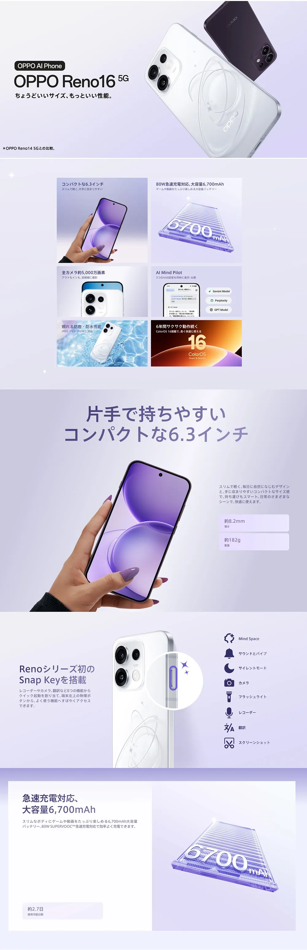 OPPO AI Phone【OPPO Reno16 5G】ちょうどいいサイズ、もっといい性能。片手で持ちやすいコンパクトな6.3インチ。Renoシリーズ初のSnap Keyを搭載。急速充電対応、大容量6,700mAh。