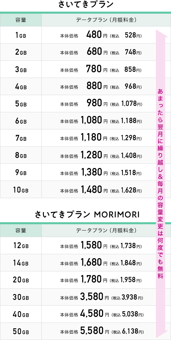 さいてきプラン・さいてきプラン MORIMORI 料金表